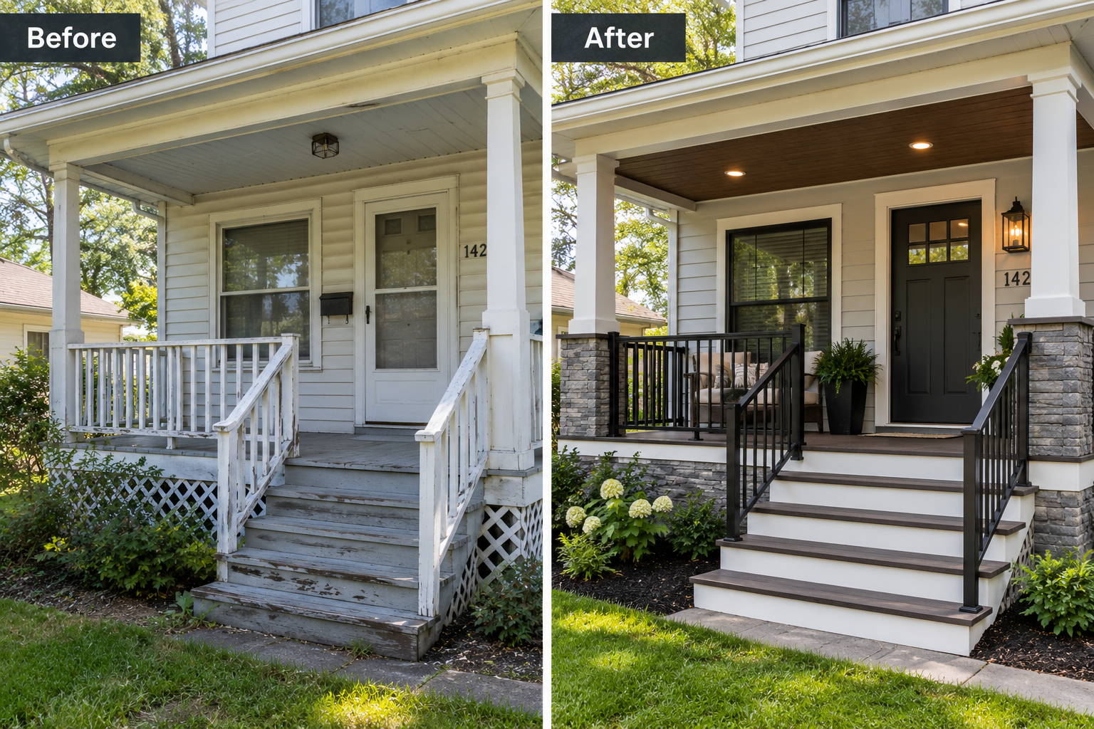 Front porch renovation before and after